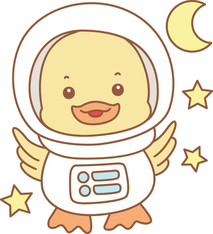 Baby duck wearing astronaut costume. Cute Duck icon. Funny baby Duck animal series stock illustration. life of fluffy Duck designs. vector