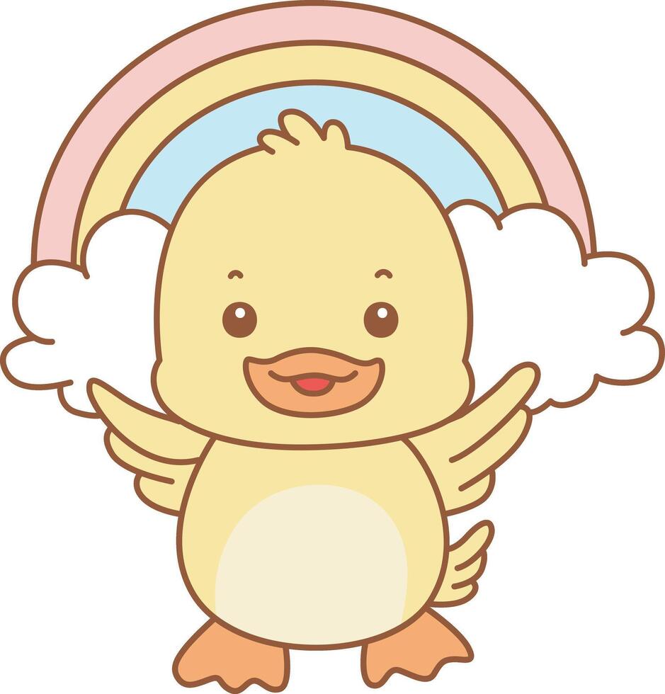 Baby duck in front of rainbow. Cute Duck icon. Funny baby Duck animal series stock illustration. life of fluffy Duck designs. vector