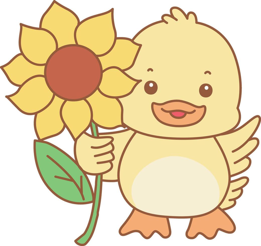 Baby duck bring a sun flower. Cute Duck icon. Funny baby Duck animal series stock illustration. life of fluffy Duck designs. vector