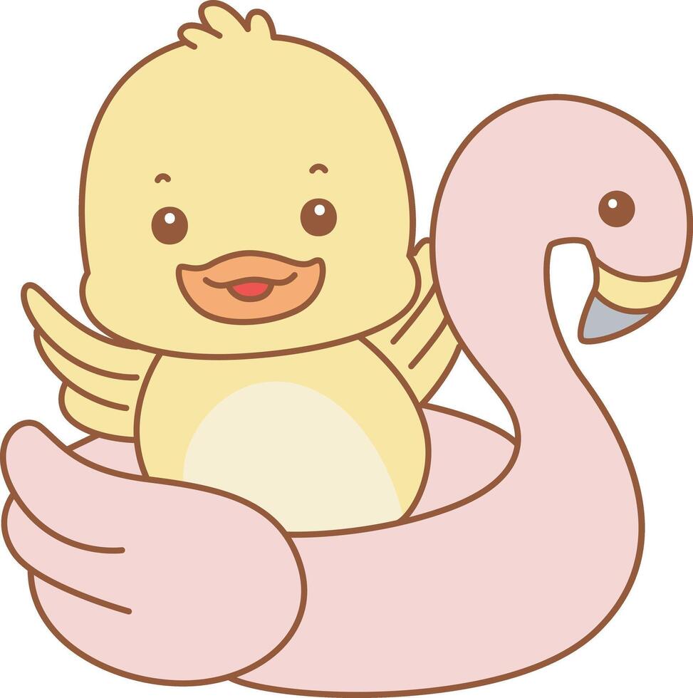 Baby duck stuck in the flamingo tire. Cute Duck icon. Funny baby Duck animal series stock illustration. life of fluffy Duck designs. vector