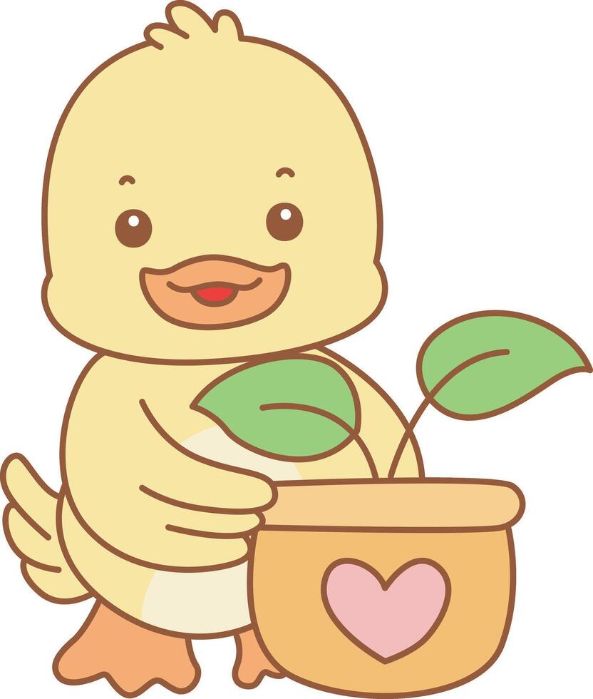 Bbay duck bring a leaves in the pot . Cute Duck icon. Funny baby Duck animal series stock illustration. life of fluffy Duck designs. vector