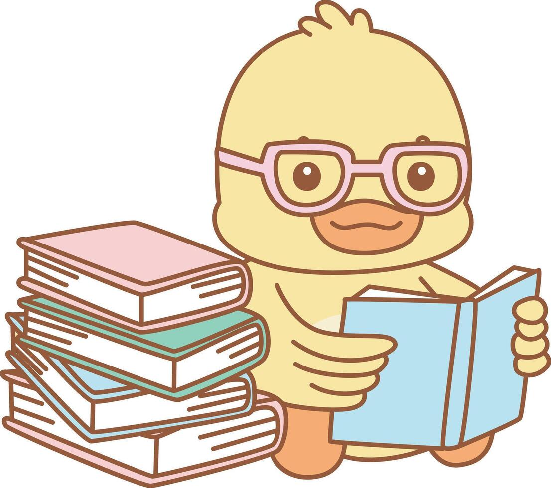 Baby duck reading a book. Cute Duck icon. Funny baby Duck animal series stock illustration. life of fluffy Duck designs. vector