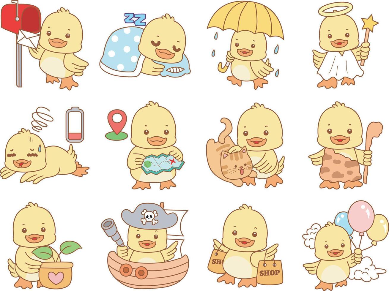 Daily activities of baby duck. Cute Duck icon. Funny baby Duck animal series stock illustration. life of fluffy Duck designs. vector