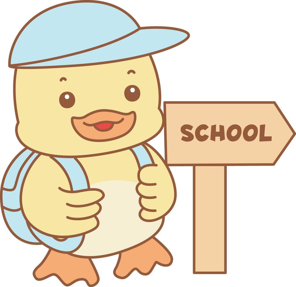 Baby duck want to going to school. Cute Duck icon. Funny baby Duck animal series stock illustration. life of fluffy Duck designs. vector