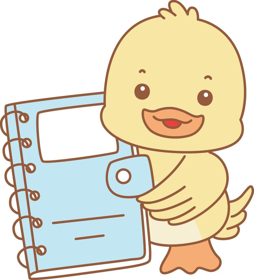 Baby duck bring a book. Cute Duck icon. Funny baby Duck animal series stock illustration. life of fluffy Duck designs. vector