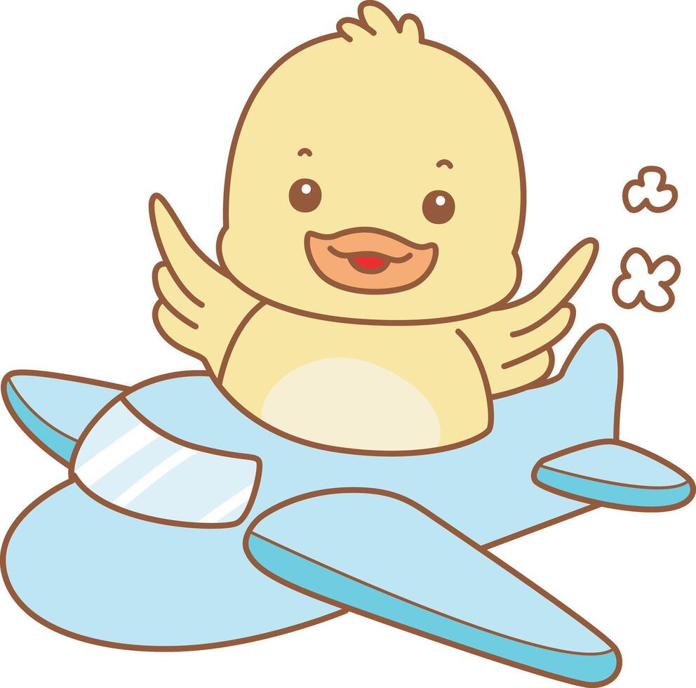 Baby duck flying with a plane. Cute Duck icon. Funny baby Duck animal series stock illustration. life of fluffy Duck designs. vector