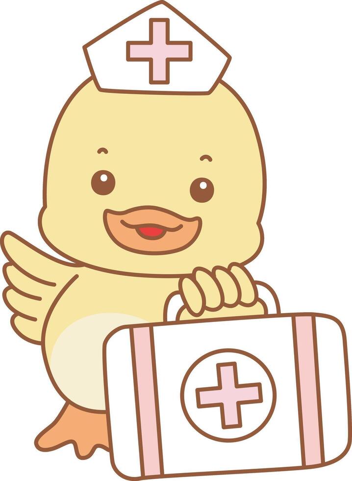 Baby duck bring a first aid kit. Cute Duck icon. Funny baby Duck animal series stock illustration. life of fluffy Duck designs. vector