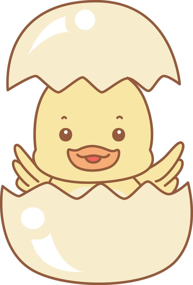 Baby duck peek a boo from the crack of eggs. Cute Duck icon. Funny baby Duck animal series stock illustration. life of fluffy Duck designs. vector