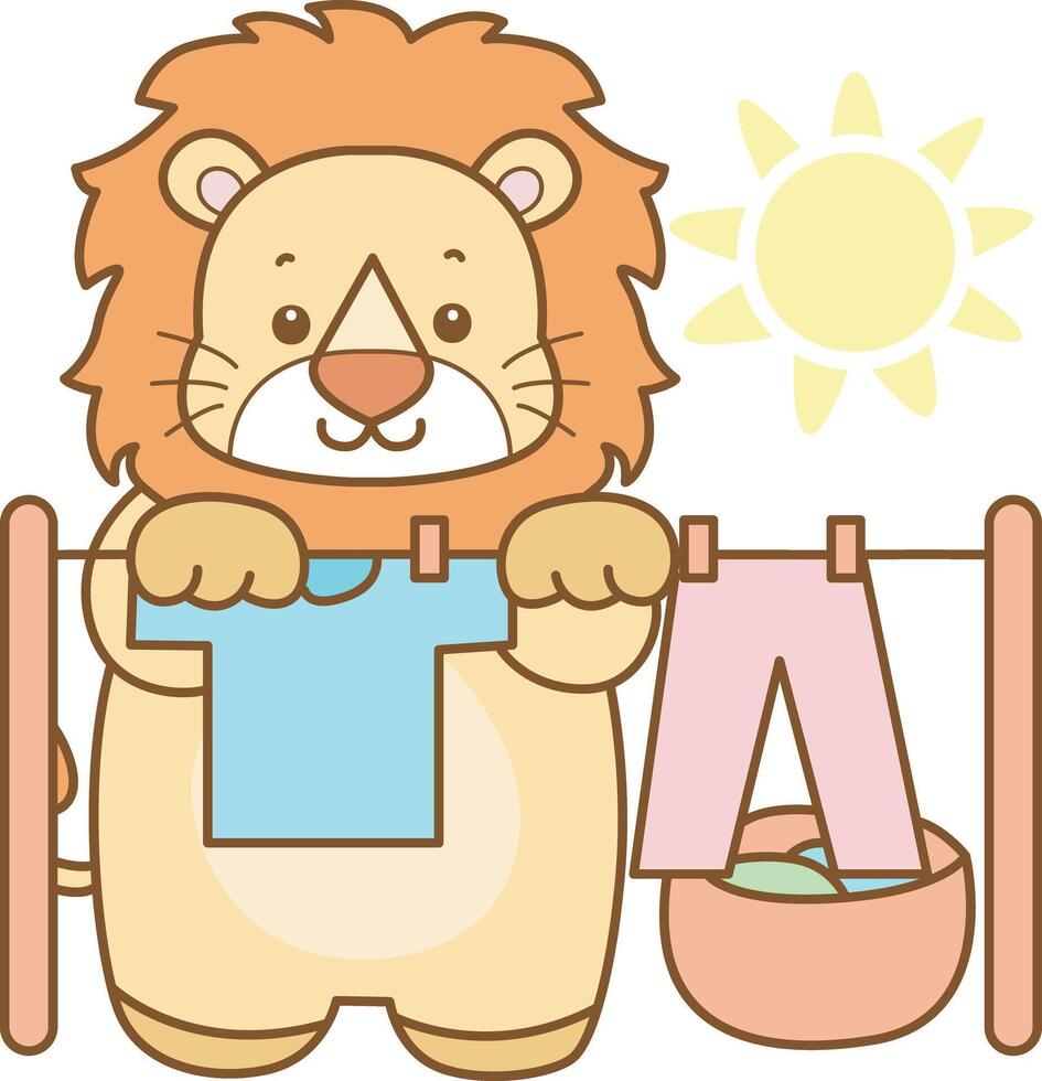 Baby lion dry and clean the clothes under the sun. Cute Duck icon. Funny baby Duck animal series stock illustration. life of fluffy Duck designs. vector
