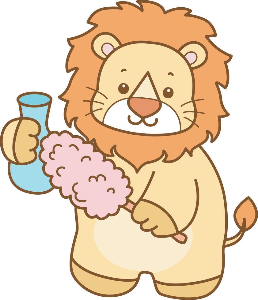 Baby lion cleaning the vase with feather duster. Cute Lion icon. Funny baby Lion animal series stock illustration. life of fluffy Lion designs. vector