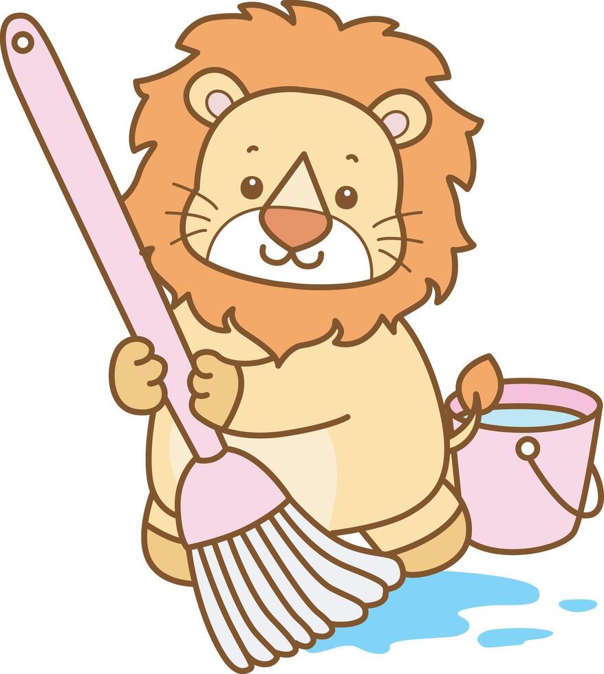 Baby lion clear the floor with mop and water. Cute Lion icon. Funny baby Lion animal series stock illustration. life of fluffy Lion designs. vector
