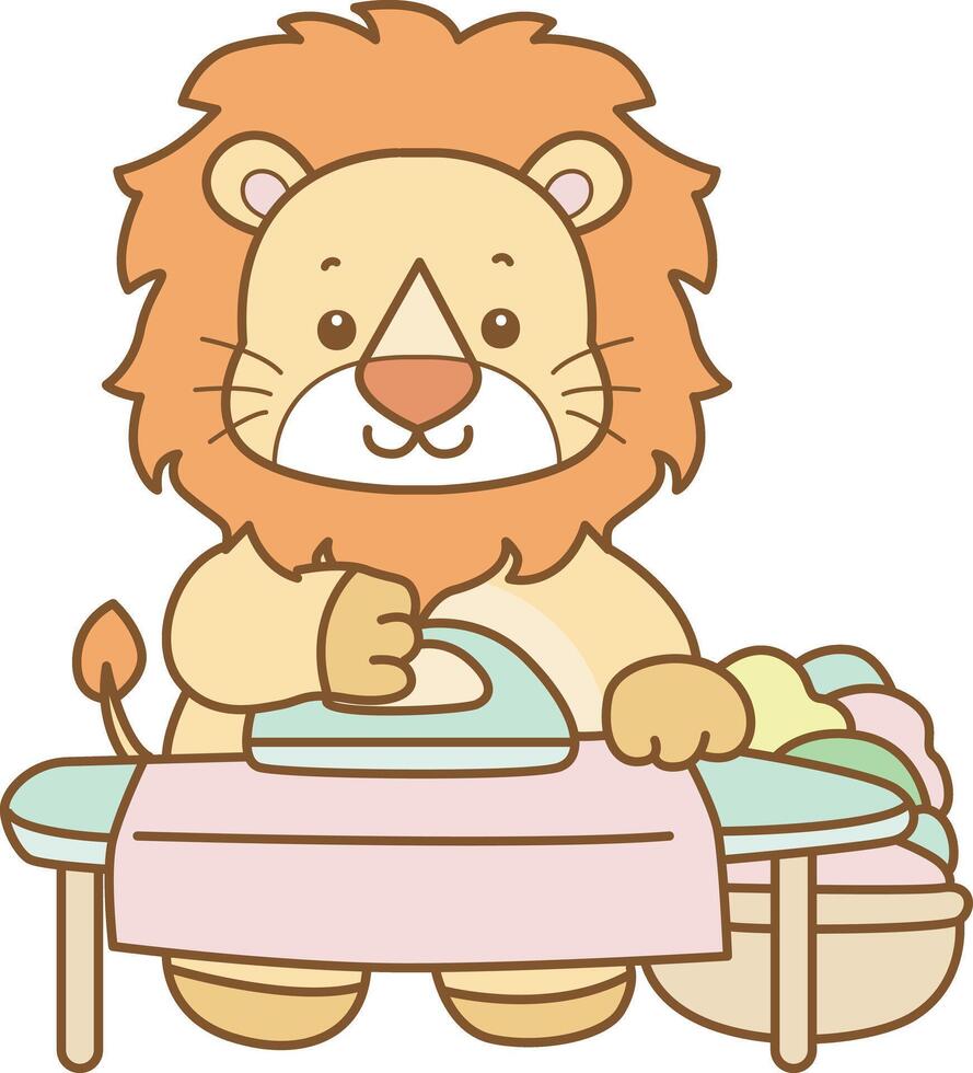 Baby lion ironing the clothes. Cute Lion icon. Funny baby Lion animal series stock illustration. life of fluffy Lion designs. vector