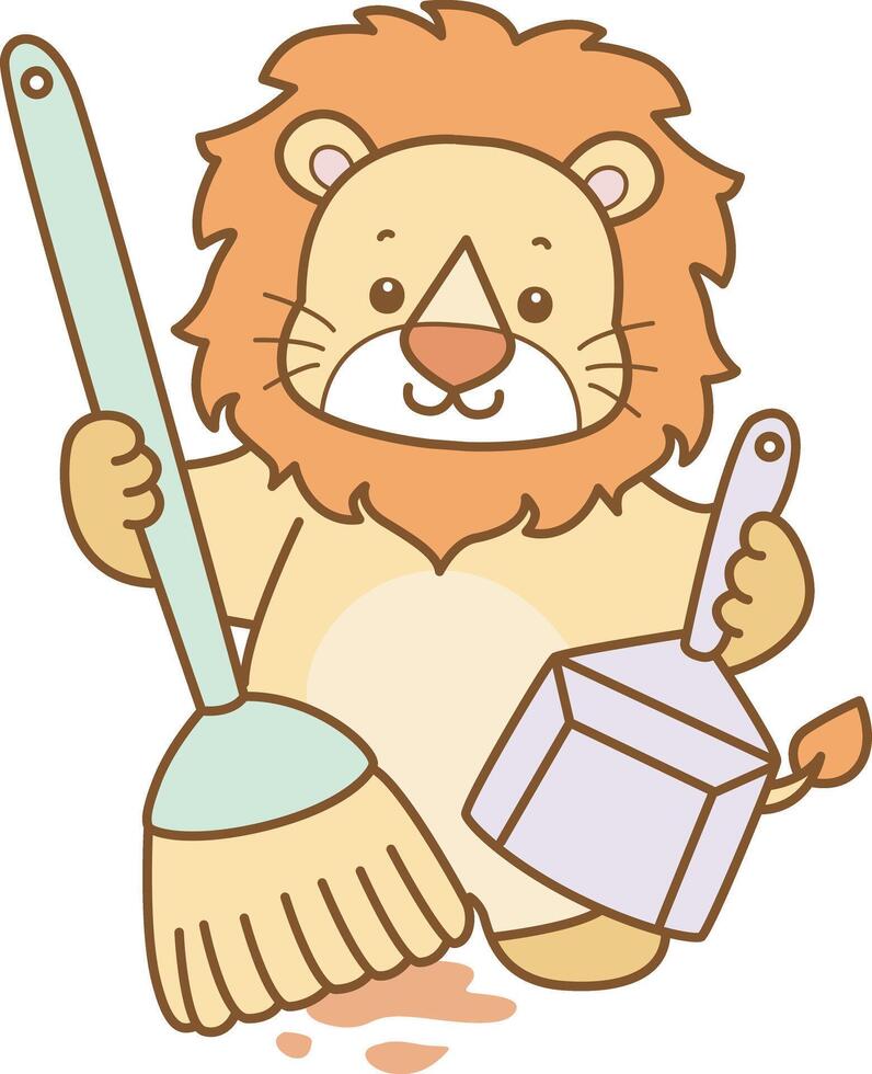 Baby lion cleaning the floor with broom and duster. Cute Lion icon. Funny baby Lion animal series stock illustration. life of fluffy Lion designs. vector