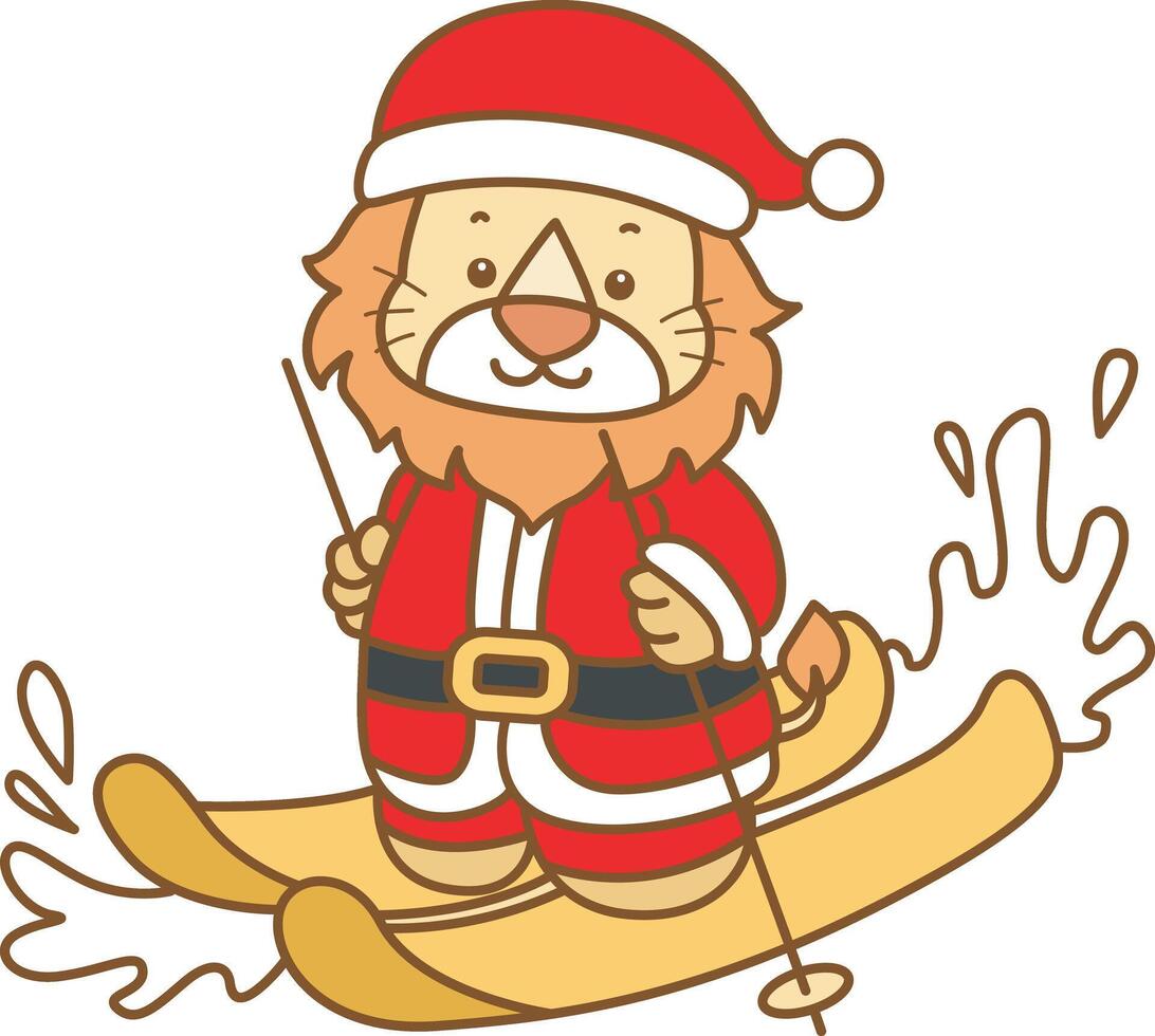 Baby santa lion playing an ice skating. Cute Lion icon. Funny baby Lion animal series stock illustration. life of fluffy Lion designs. vector