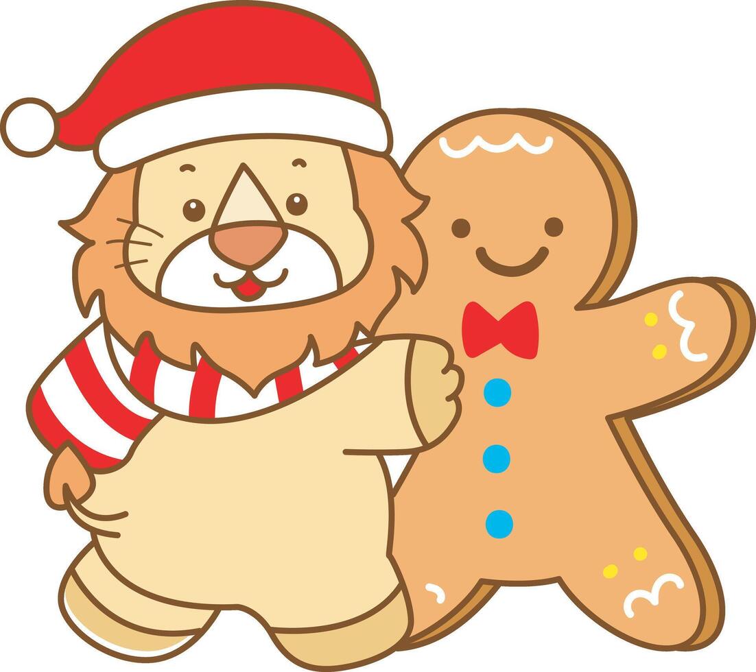 Baby santa lion bring a ginger bread. Cute Lion icon. Funny baby Lion animal series stock illustration. life of fluffy Lion designs. vector