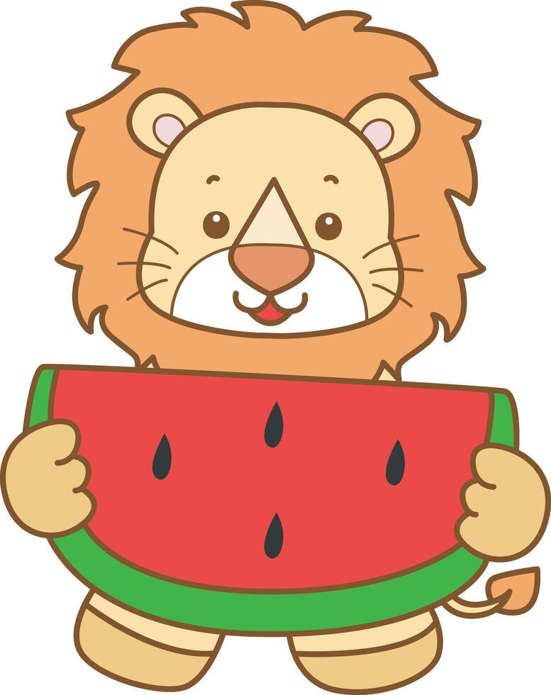 Baby lion bring a watermelon. Cute Lion icon. Funny baby Lion animal series stock illustration. life of fluffy Lion designs. vector