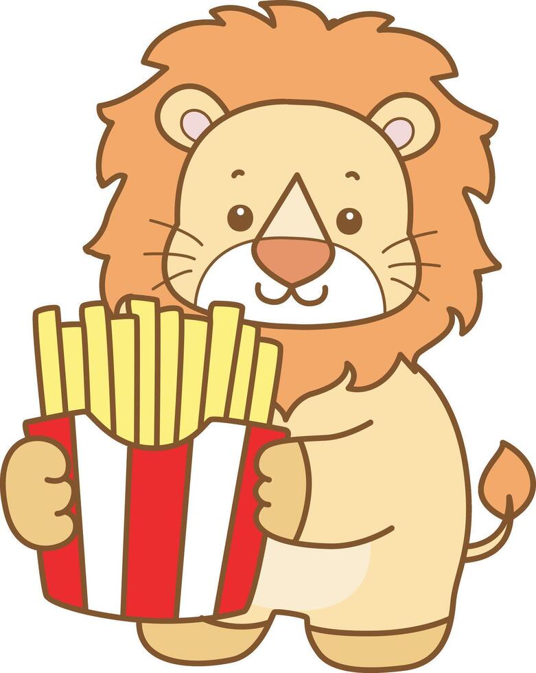 Baby lion bring a french fries. Cute Lion icon. Funny baby Lion animal series stock illustration. life of fluffy Lion designs. vector