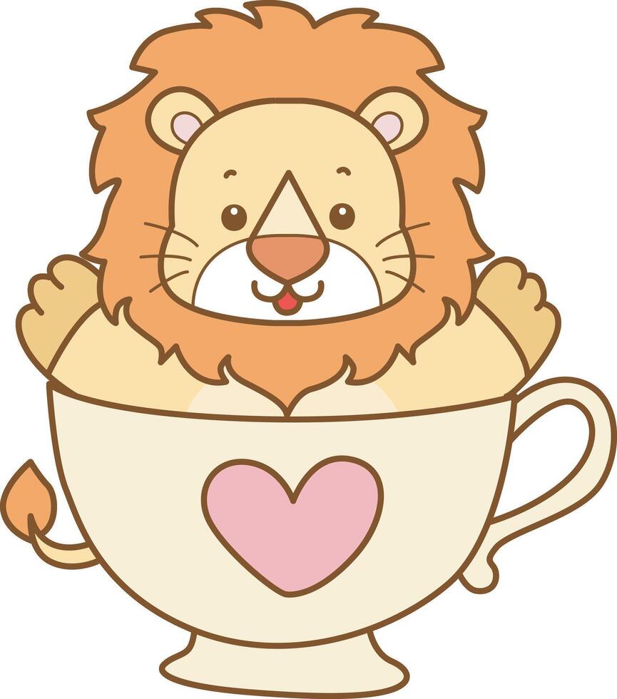 Baby lion stuck in the cup of tea. Cute Lion icon. Funny baby Lion animal series stock illustration. life of fluffy Lion designs. vector