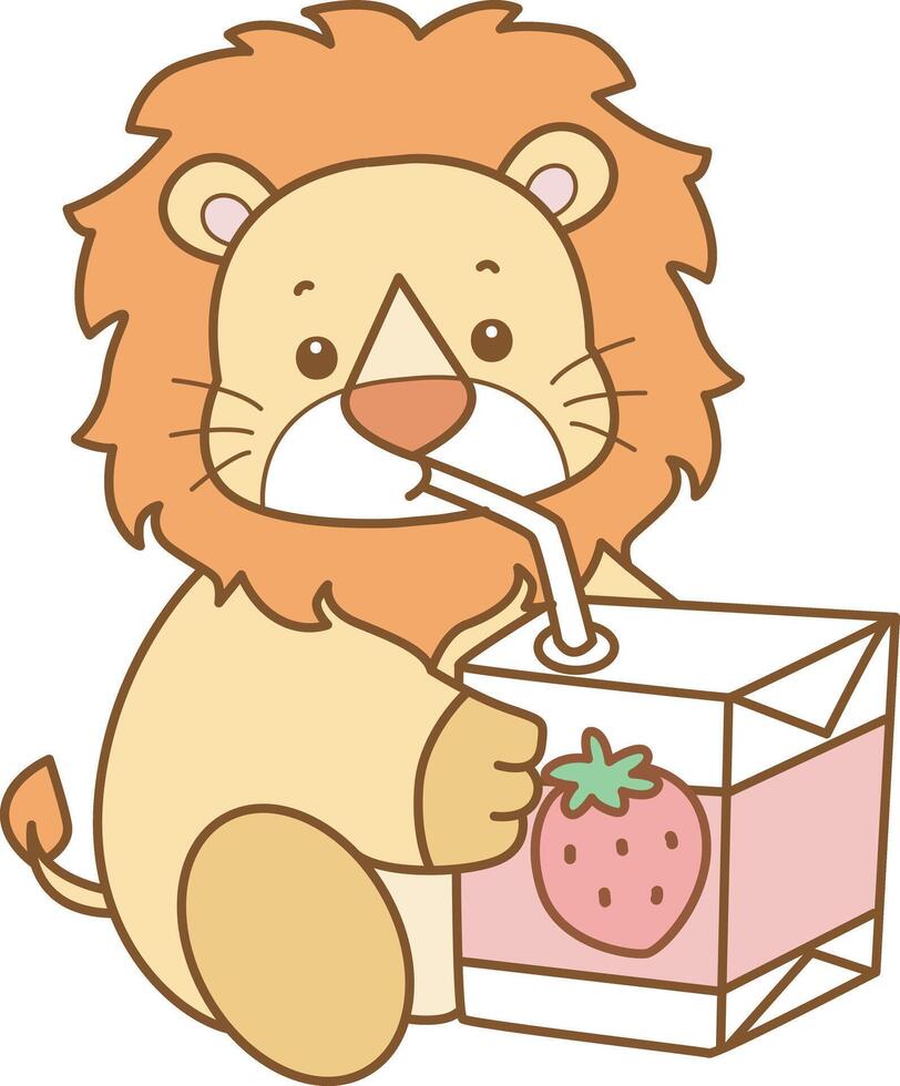 Baby lion drinking a strawberry milk. Cute Lion icon. Funny baby Lion animal series stock illustration. life of fluffy Lion designs. vector