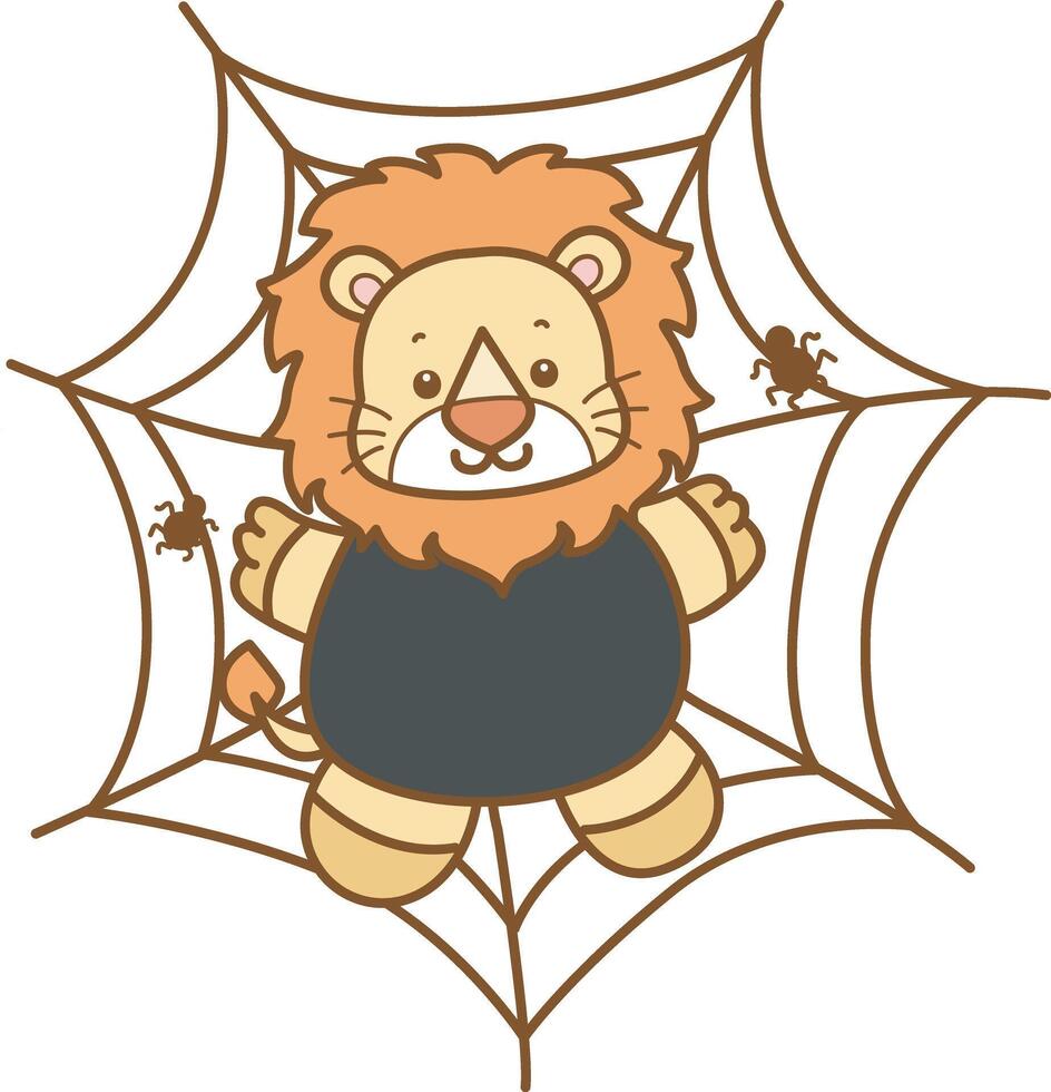 Baby lion stuck in the spider web. Cute Lion icon. Funny baby Lion animal series stock illustration. life of fluffy Lion designs. vector