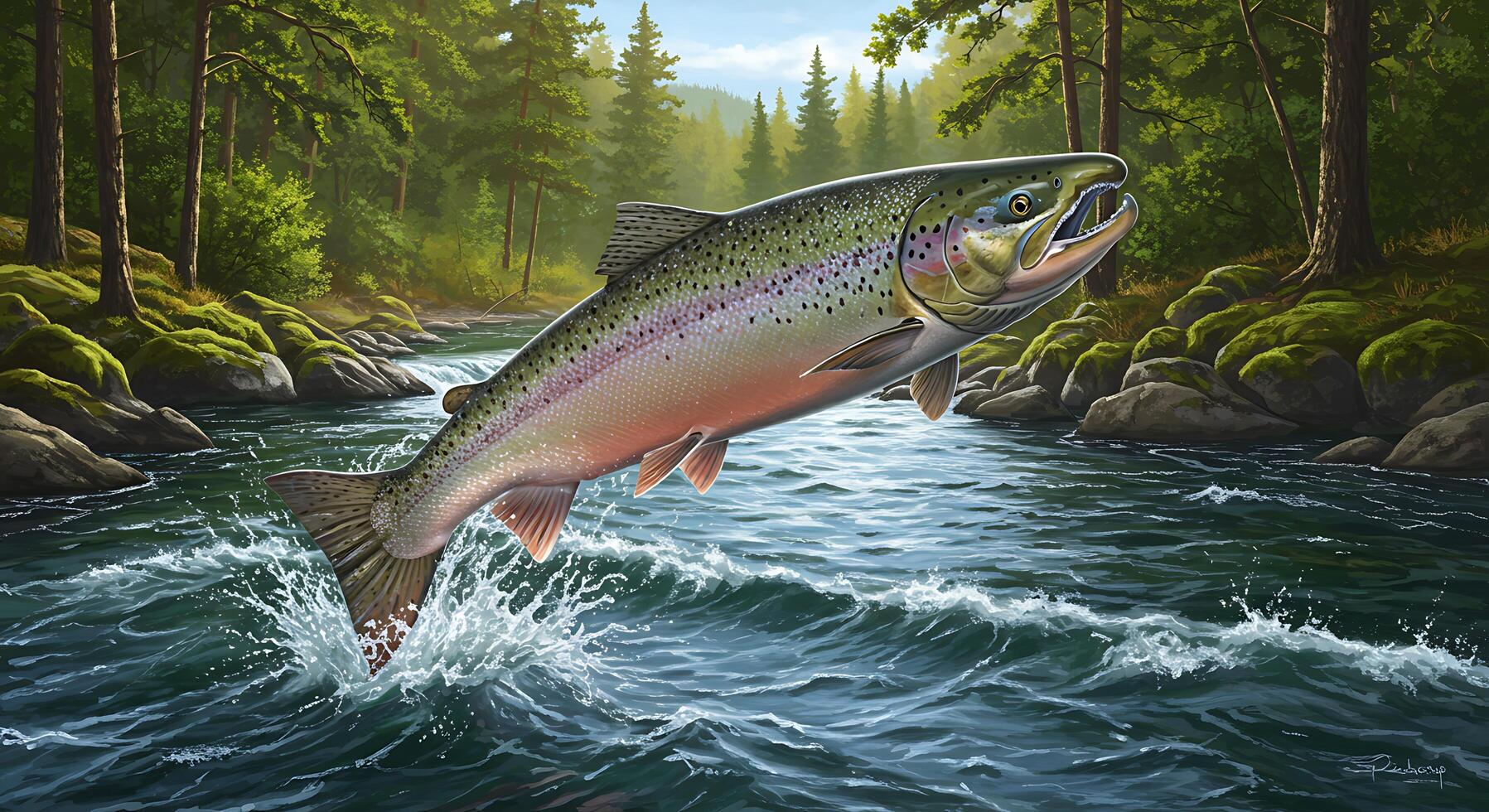 A painting of a rainbow trout jumping out of the water photo