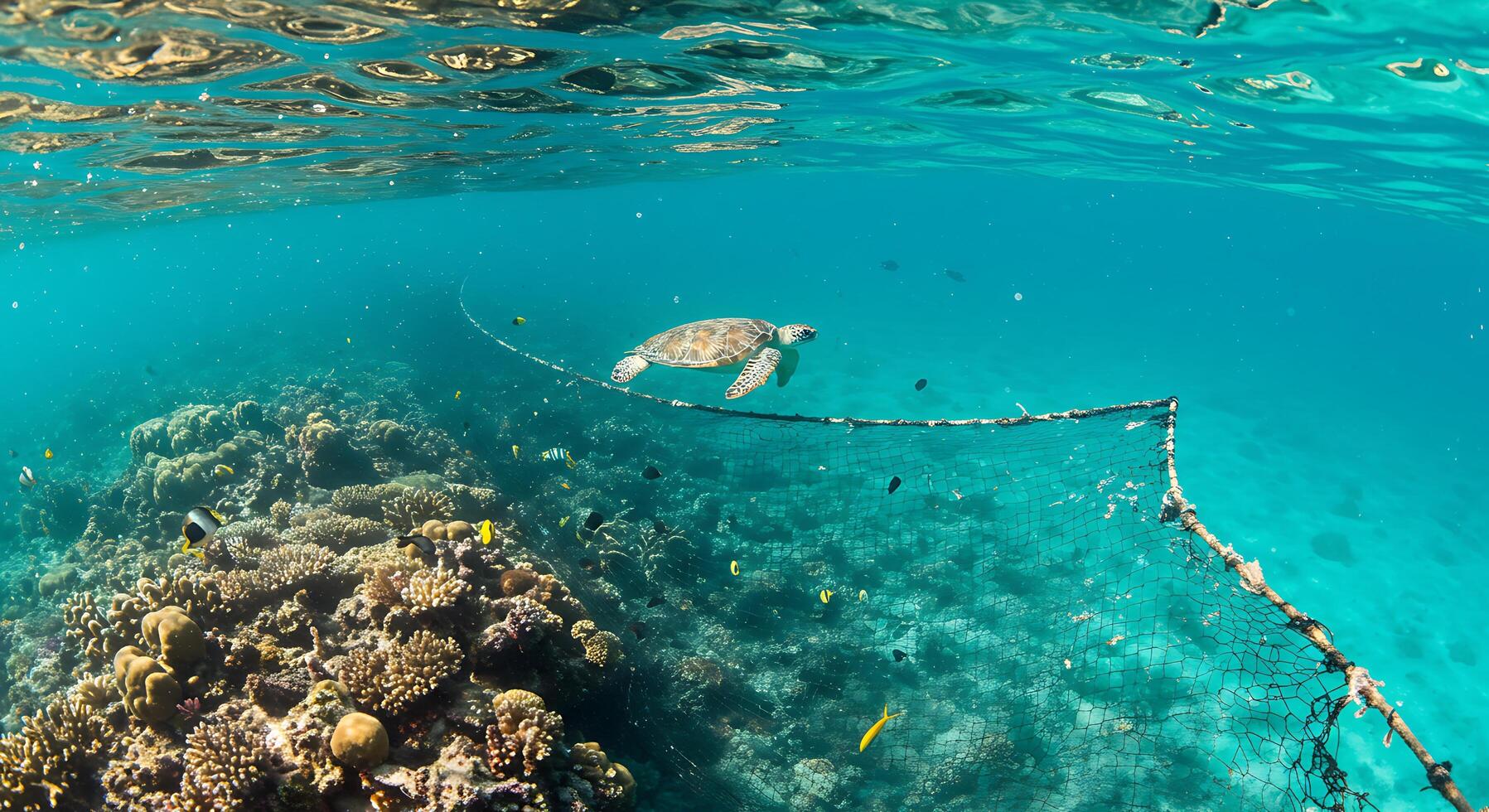 A turtle swimming in the ocean with a net photo