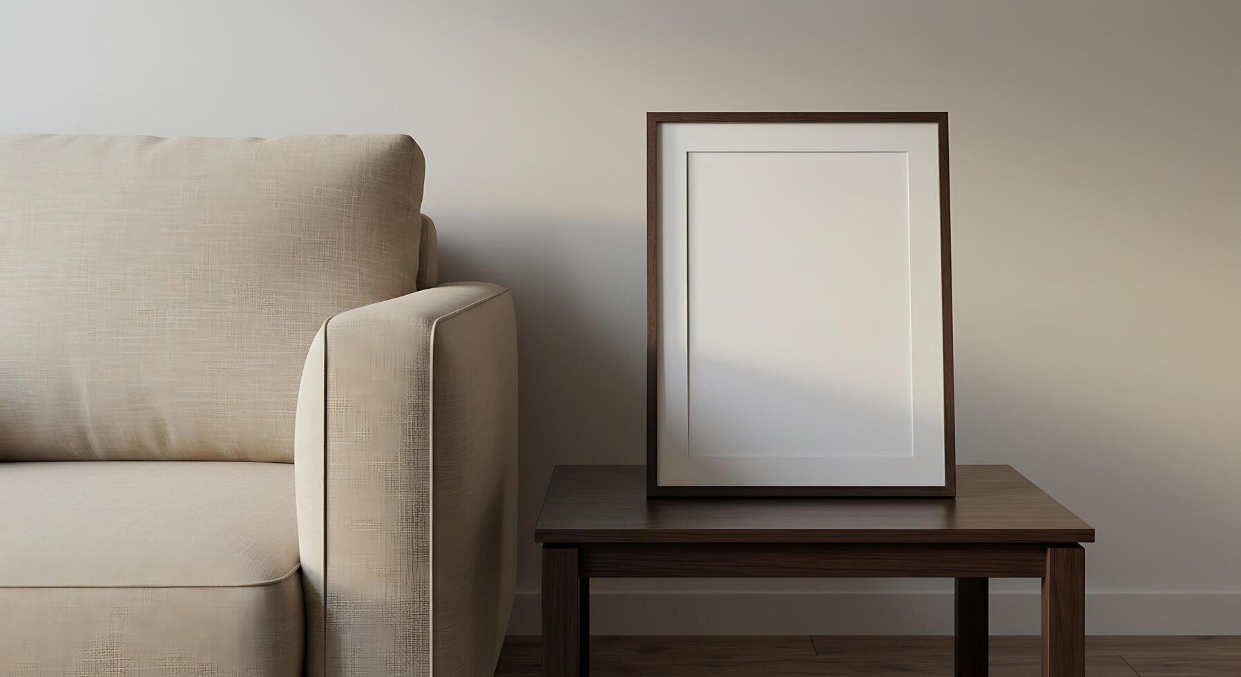 A white frame sitting on a table next to a couch photo