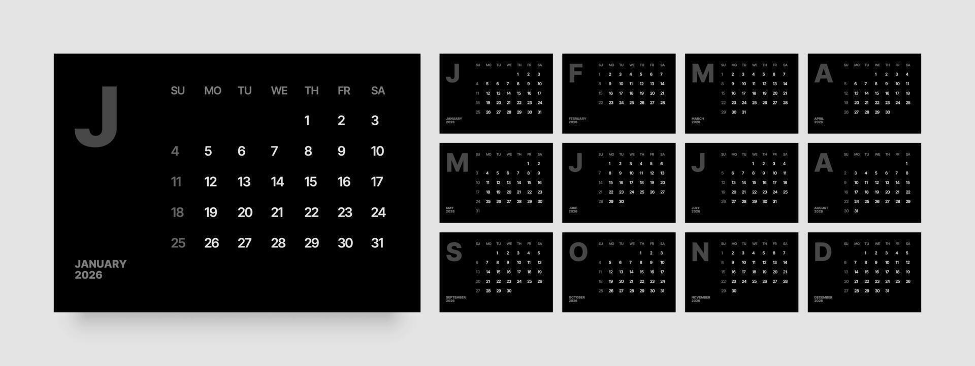 Monthly calendar layout for 2026 year. Wall or desk calendar 2026 in dark color. Week Starts on Sunday. vector
