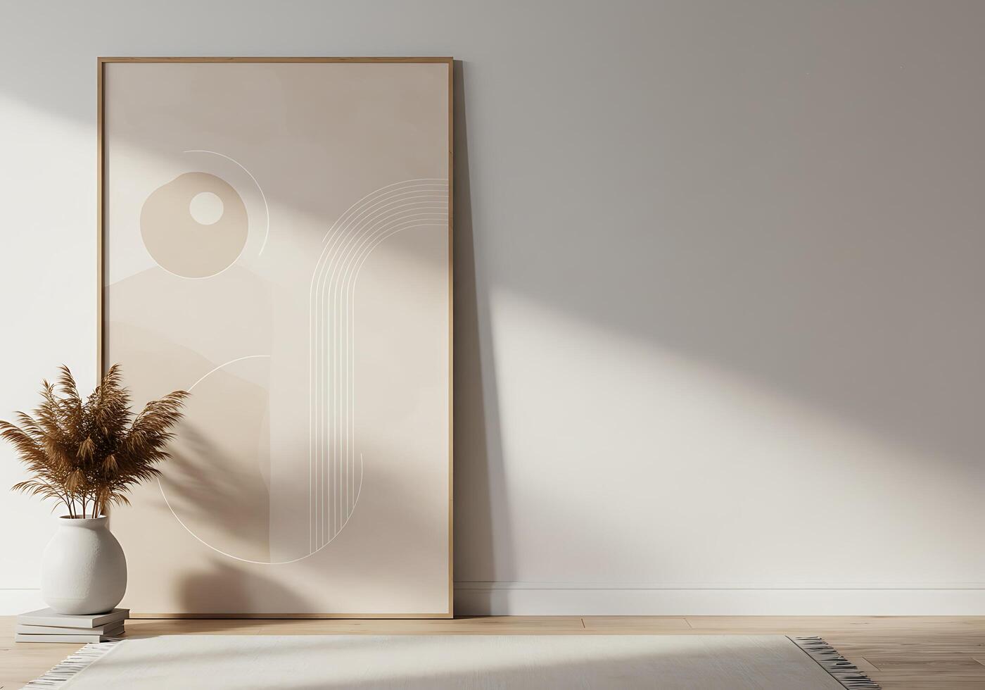 A large abstract painting in a room with a white wall and a vase photo