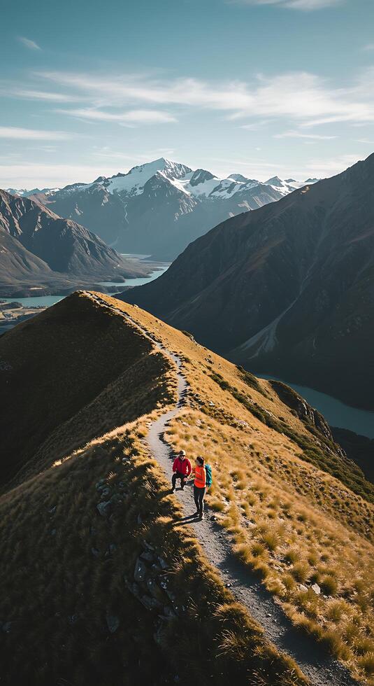 Three people walking up a mountain trail photo