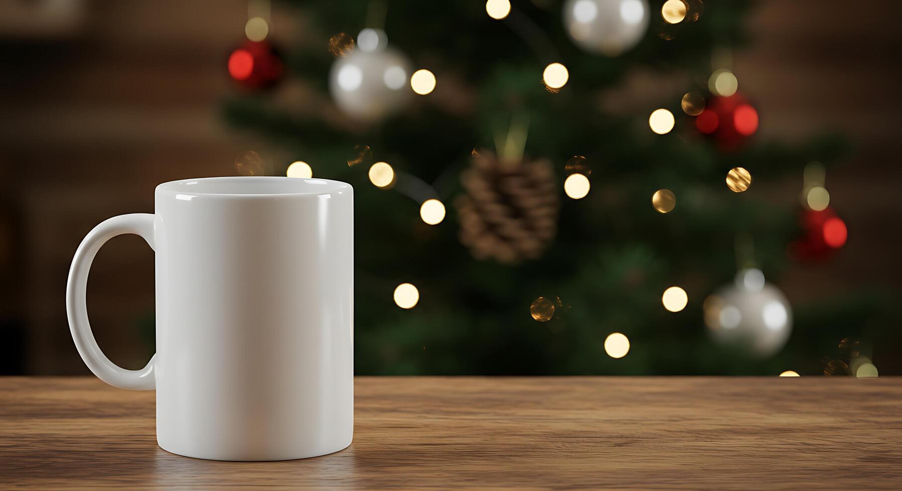 A white mug on a table in front of a christmas tree photo