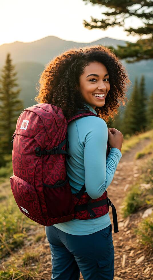 A woman with curly hair and a backpack smiles photo