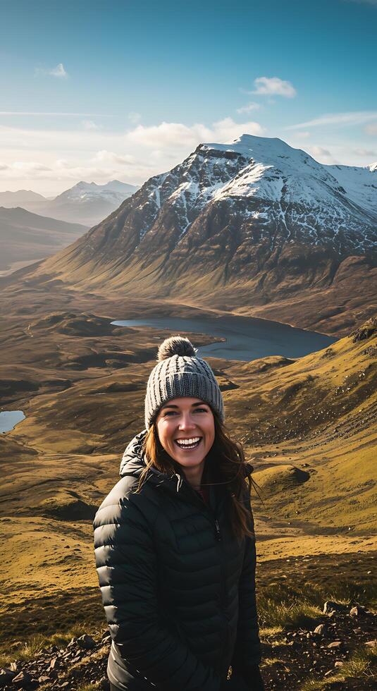 A woman in a beanie and jacket standing on a mountain photo