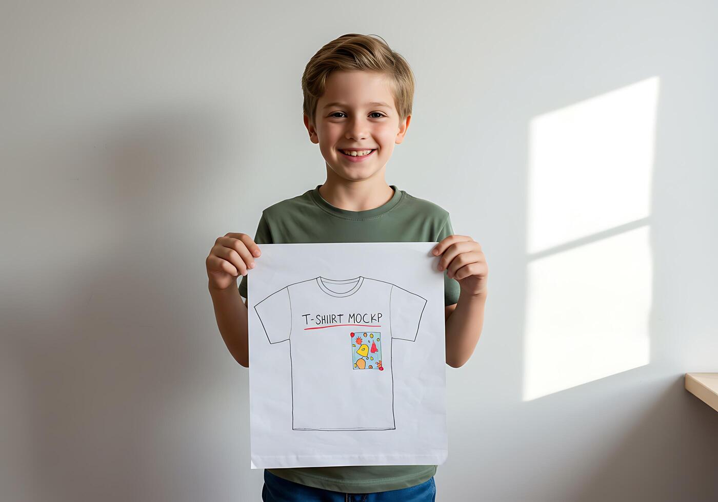 A boy holding up a t - shirt with a drawing of a cat photo