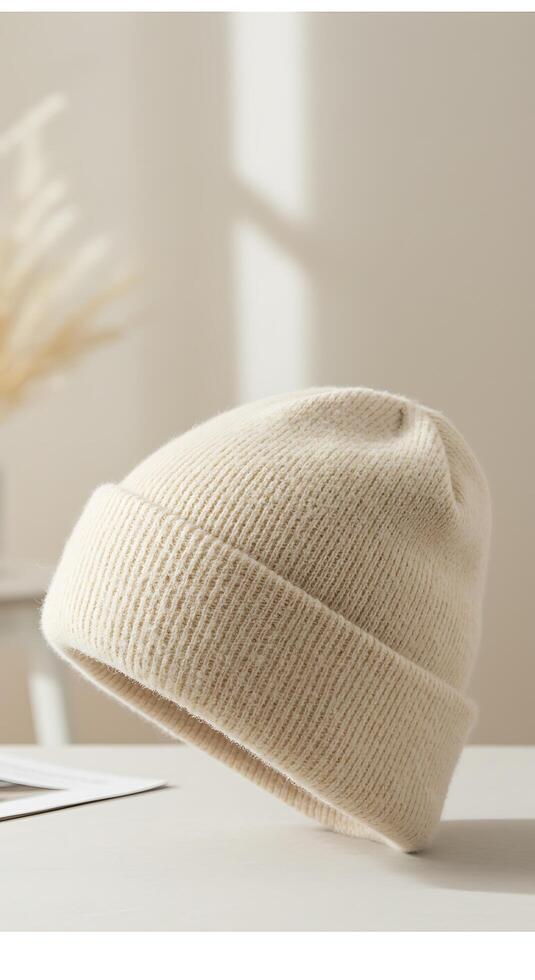 A white beanie on a table photo
