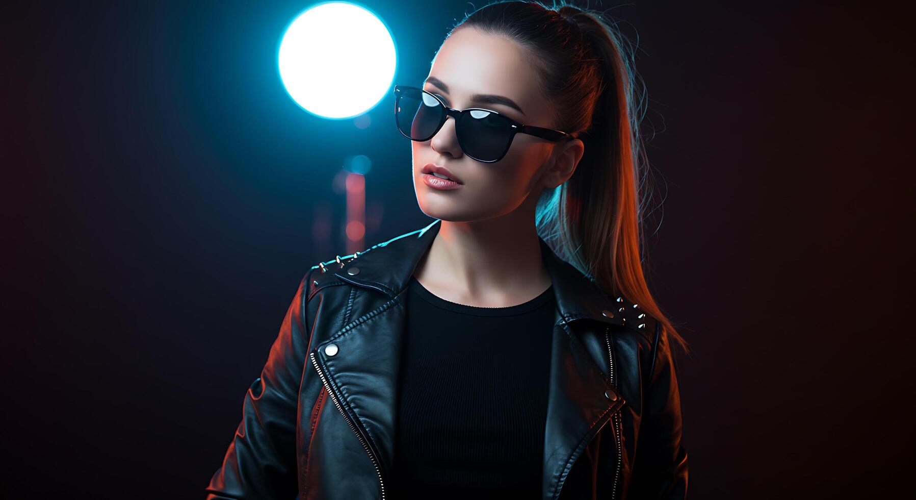 A woman in sunglasses and a leather jacket photo