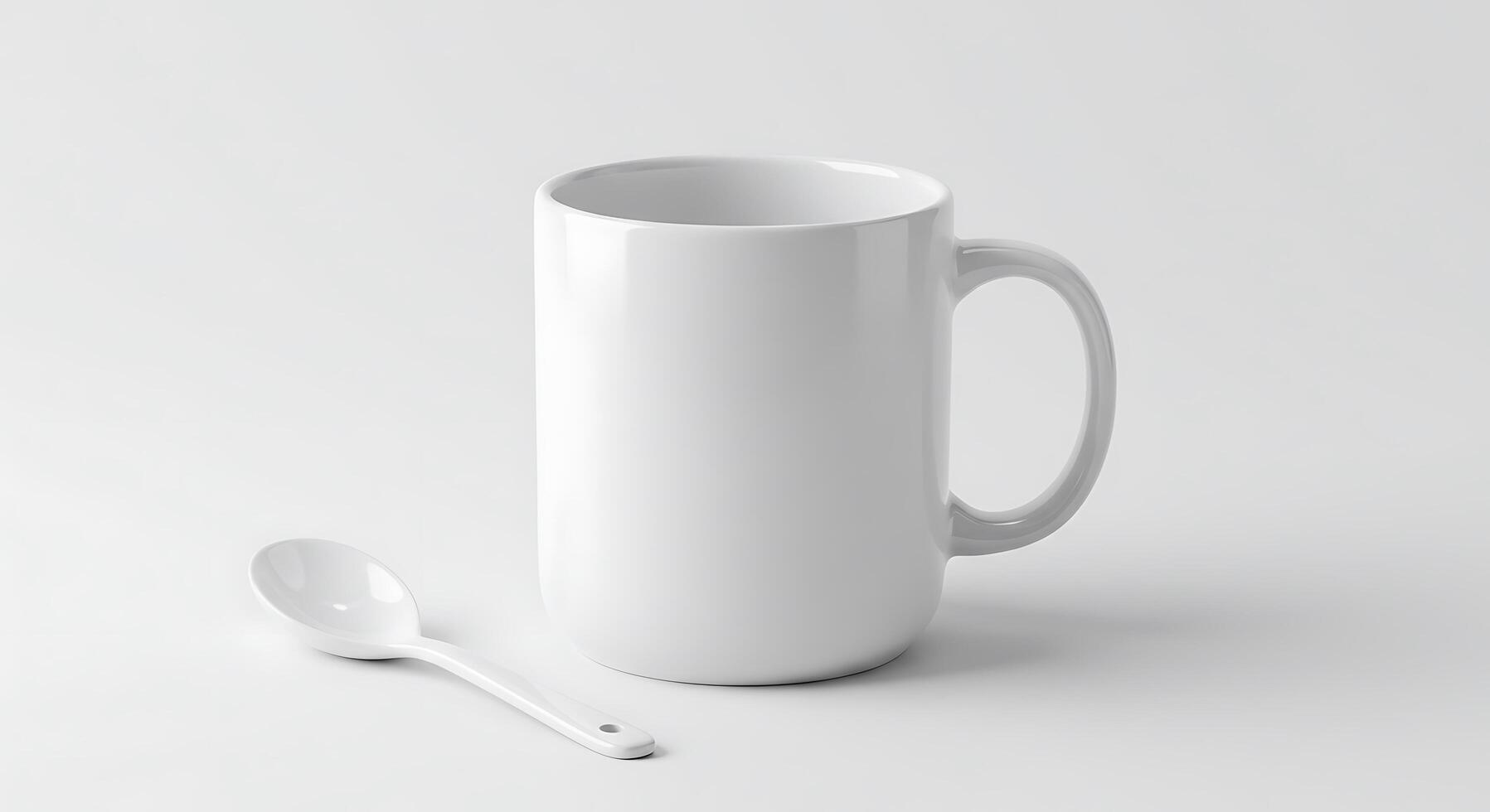 A white mug and spoon on a white surface photo