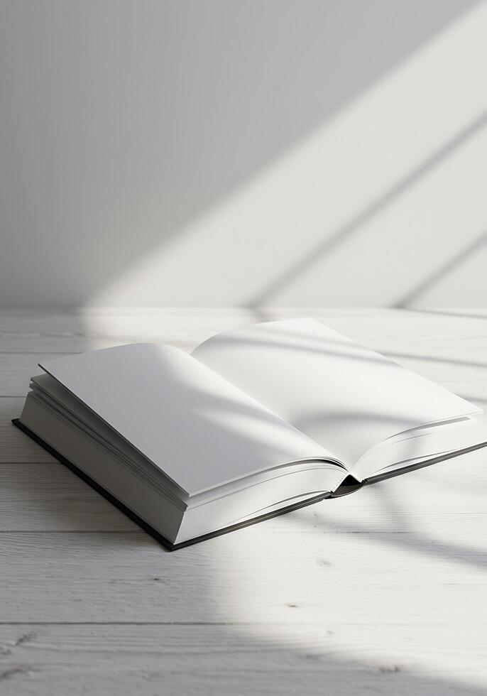 Open book on white wooden table with sunlight photo