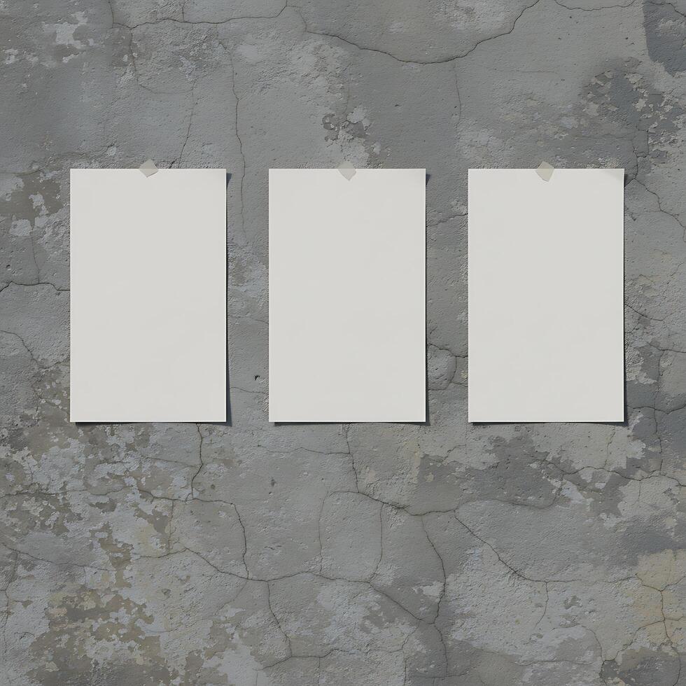 Three blank paper sheets hanging on a wall photo