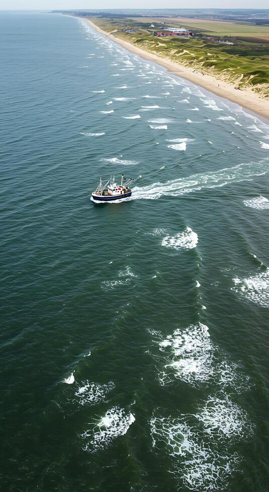 A boat is traveling in the ocean photo