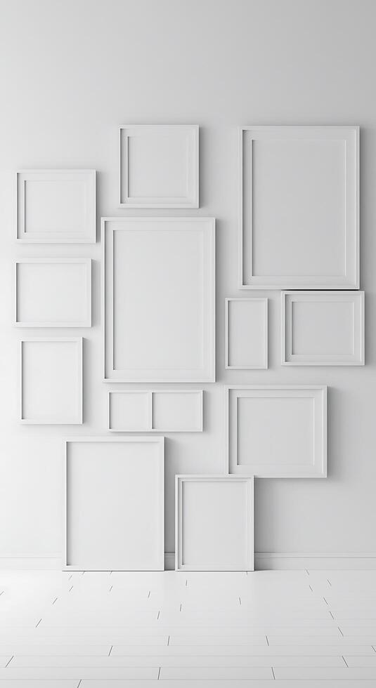 Empty white frames on a wall in an empty room photo