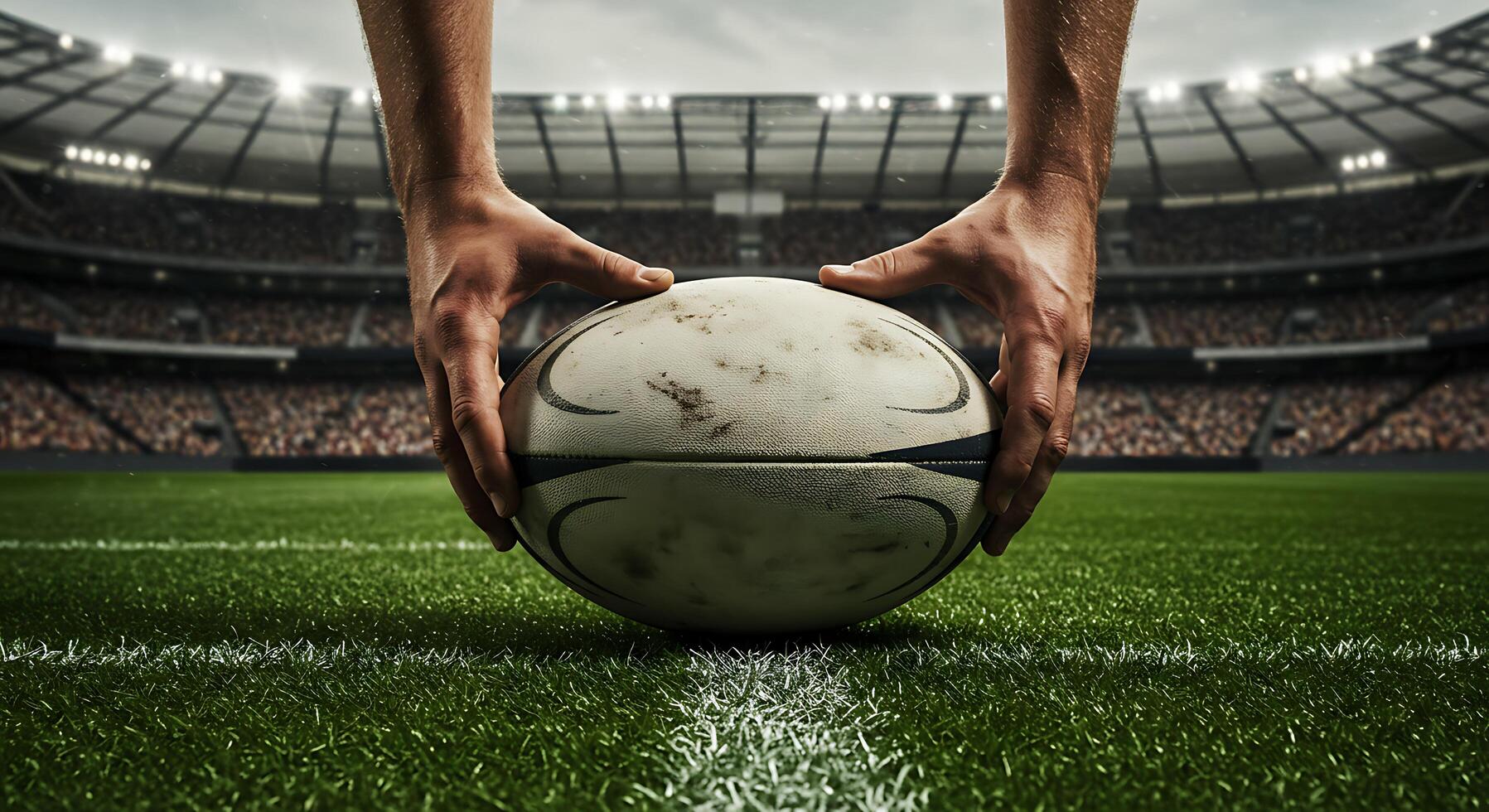 Rugby ball on grass field with hands holding it photo