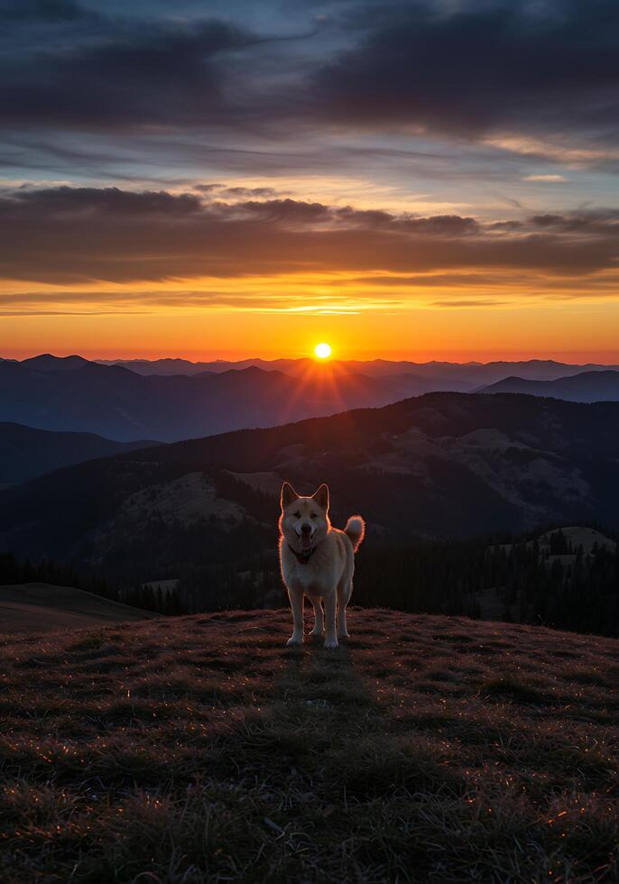 A dog standing on a hill at sunset photo