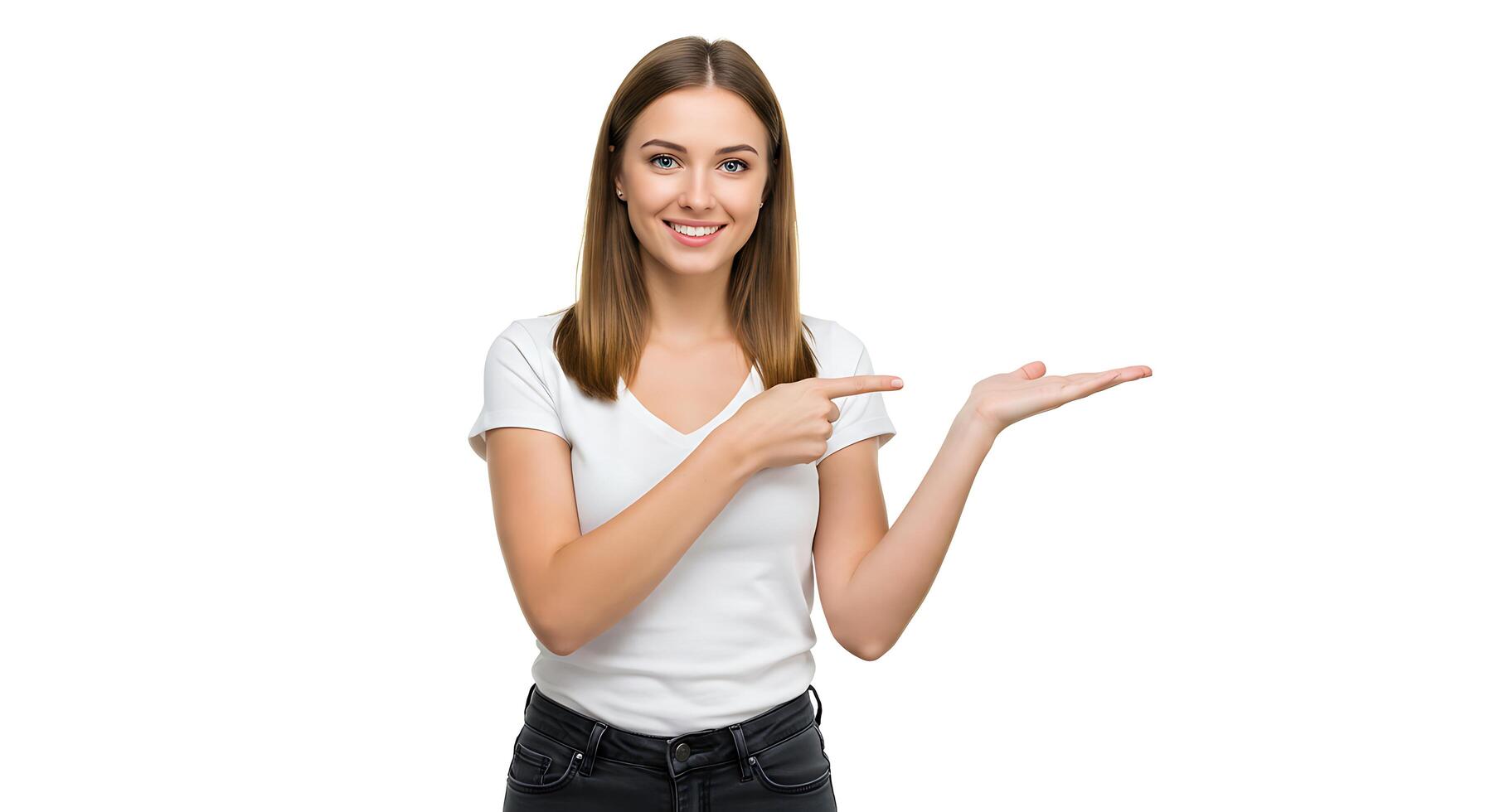 A woman is pointing at something on a white background photo