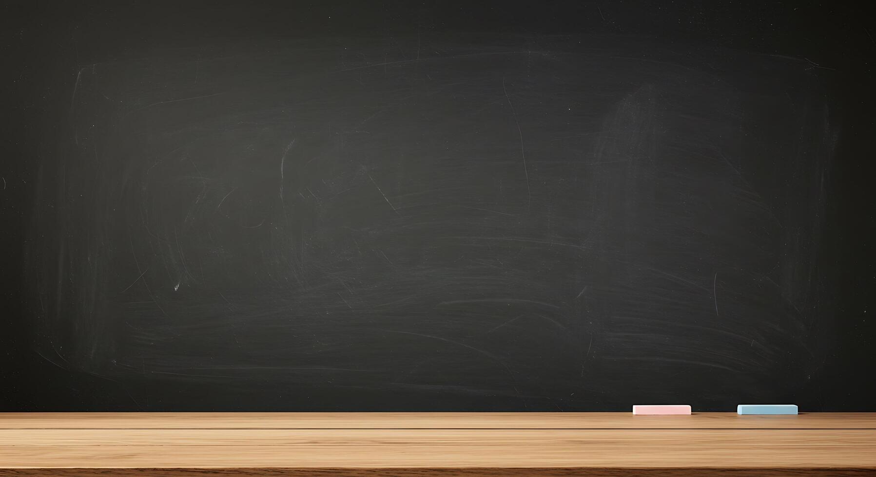 A blackboard with chalk on it and a wooden table photo