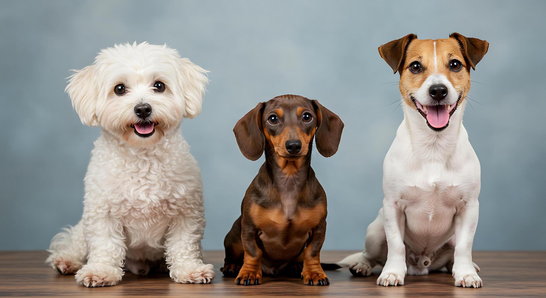 Three dogs sitting on a wooden table photo