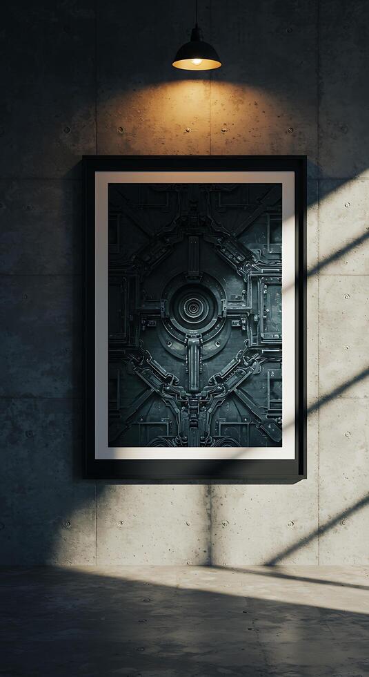 A framed art piece on a wall in a room photo