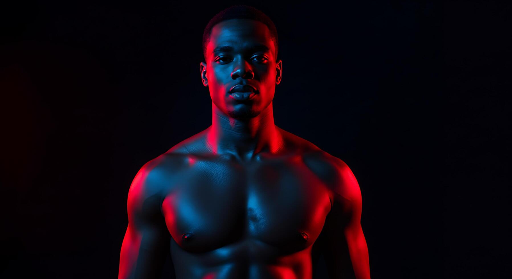 A man with no shirt on in front of a black background photo