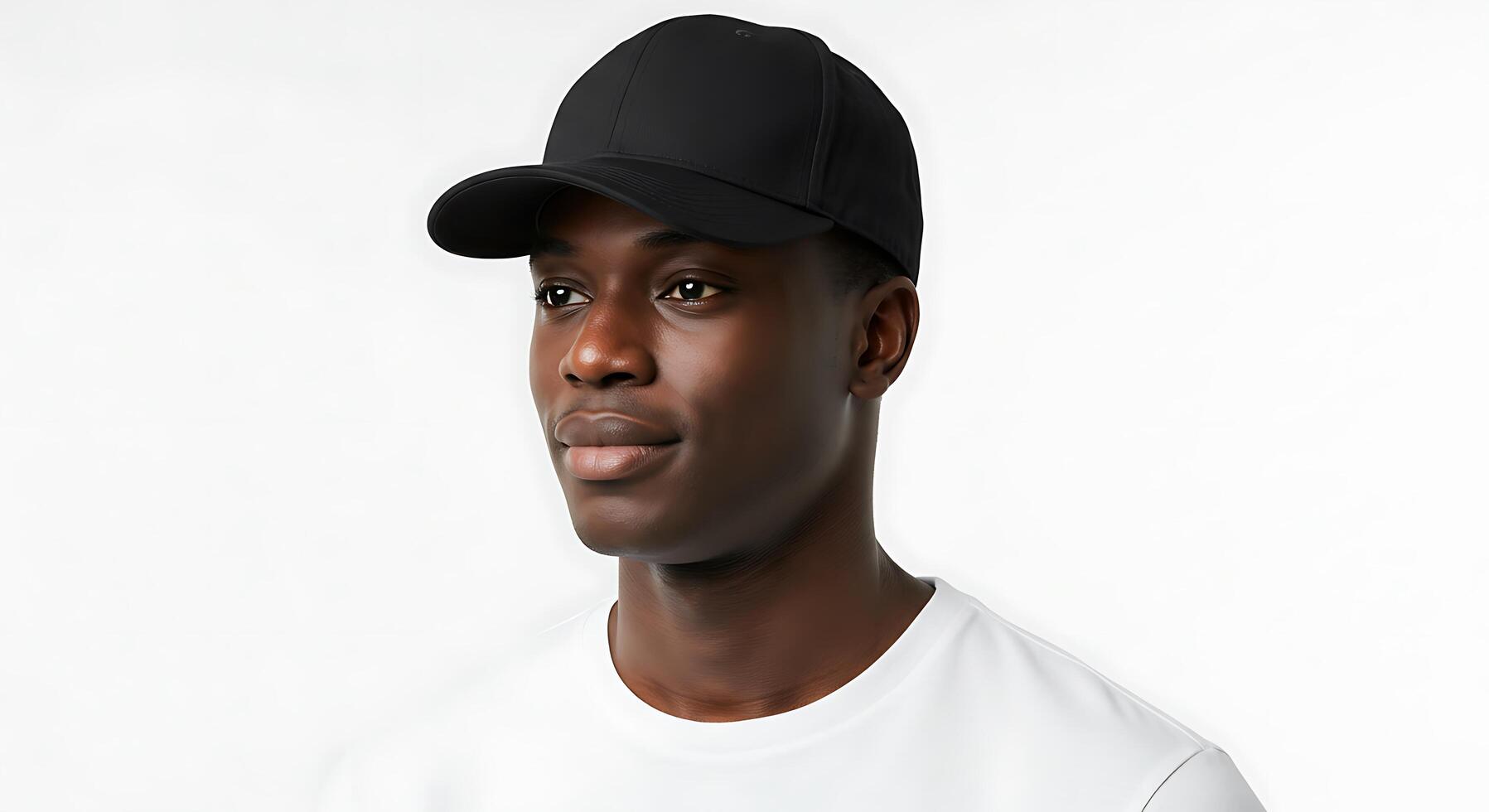 A black man wearing a white t - shirt and a black hat photo