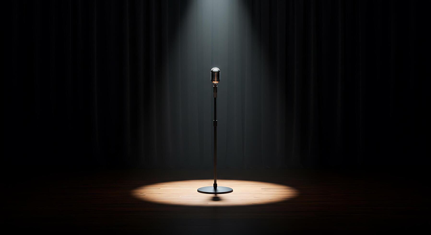 A microphone stands in front of a spotlight photo